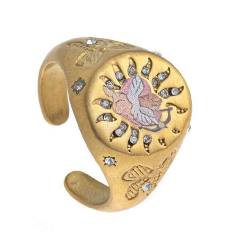 Anthropologie Gold-tone Butterfly & Sun Motif Cuff Ring with Pink Detail